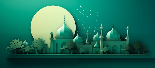 3d paper art illustration of mosque green color