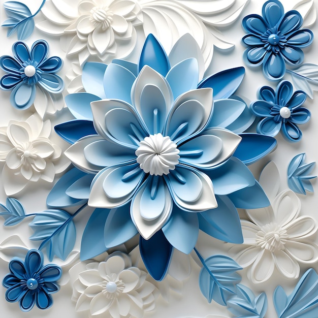 3d paper art pattern wall flower Blue and white