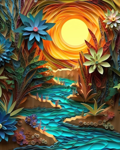 3D paper art Sun mountains and river in harmony Ai generated