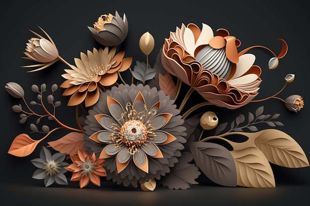 A 3d paper cut flower arrangement with a black background.