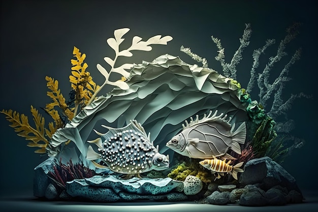 A 3d paper cut out of fish and plants.