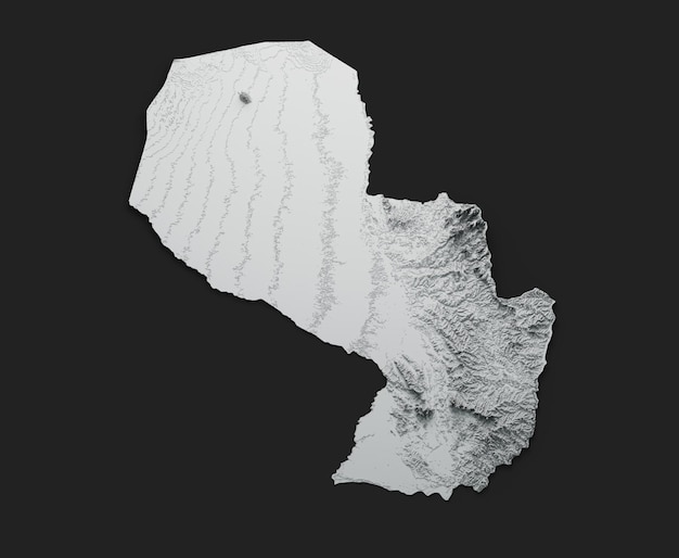 3d Paraguay Map Black And White Shaded Relief Hypsometric Map On Black Background 3d illustration