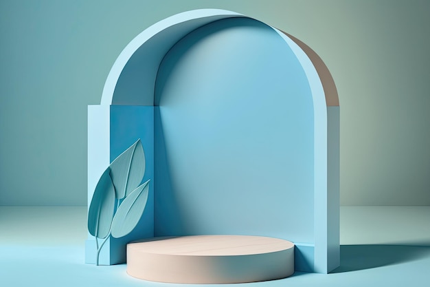 3D Pastel Blue Podium Display nature wooden stand Background for products Generative ai