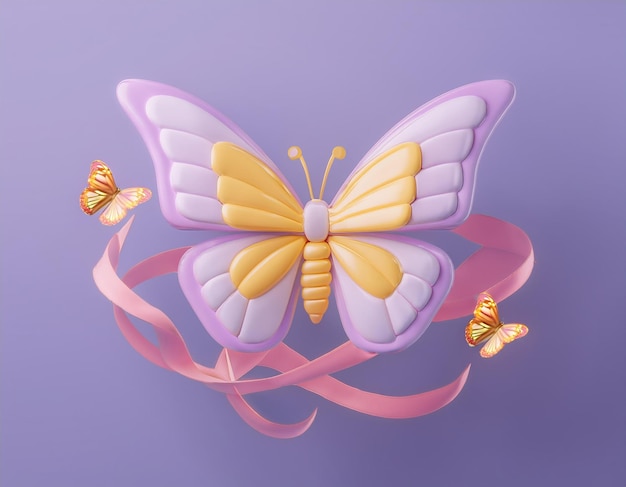 Photo 3d pastel butterfly with pink and yellow wings surrounded by a pink ribbon and two small butterflies