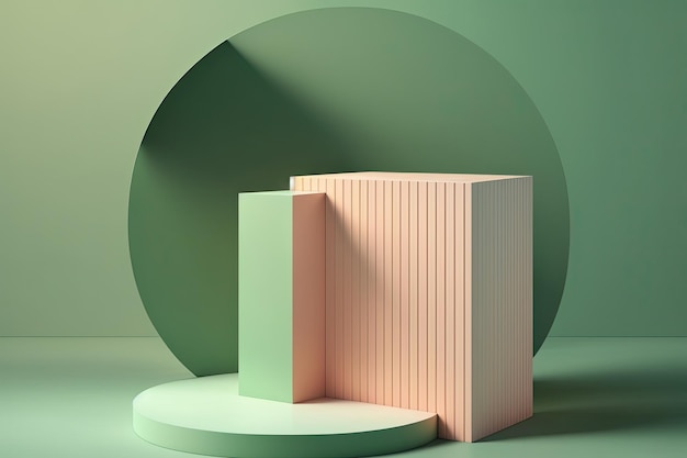 3D Pastel Green Podium Display nature wooden stand Background for products Generative ai