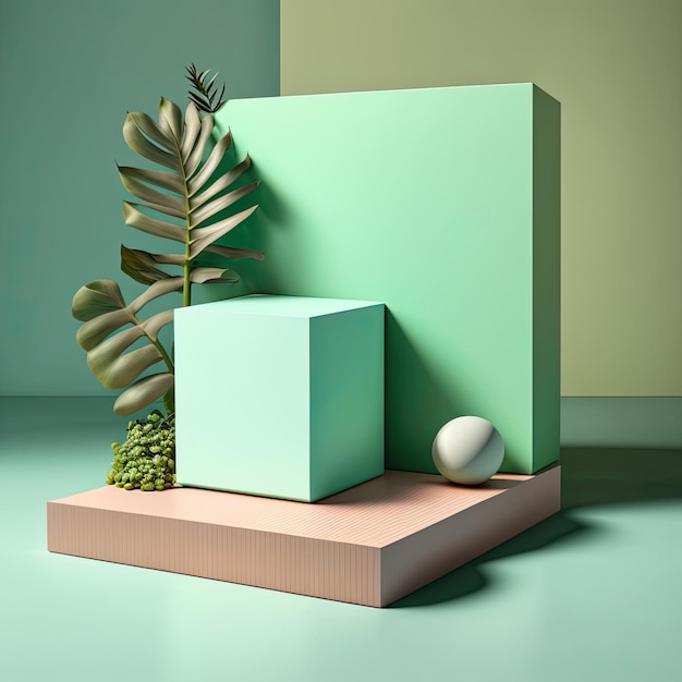 3D Pastel Green Podium Display nature wooden stand Background for products Generative ai