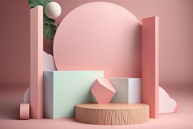 3D Pastel Pink Podium Display nature wooden stand Background for products Generative ai