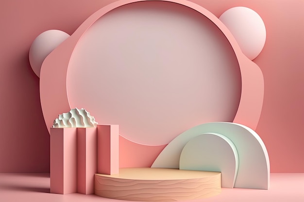 3D Pastel Pink Podium Display nature wooden stand Background for products Generative ai