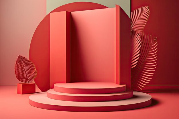 3D Pastel Red Podium Display nature wooden stand Background for products Generative ai