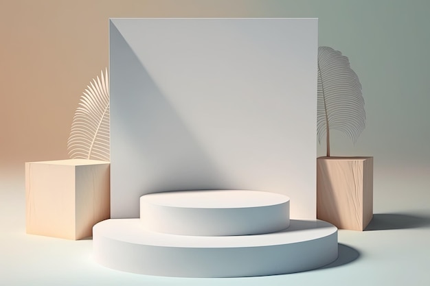 3D Pastel White Podium Display nature wooden stand Background for products Generative ai