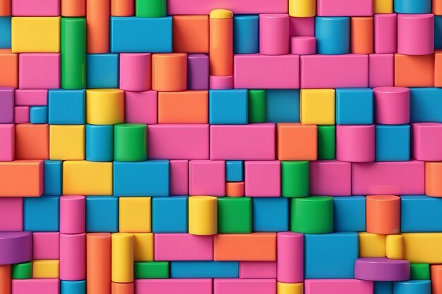 3d pattern of colorful toy blocks flat laid against pink background