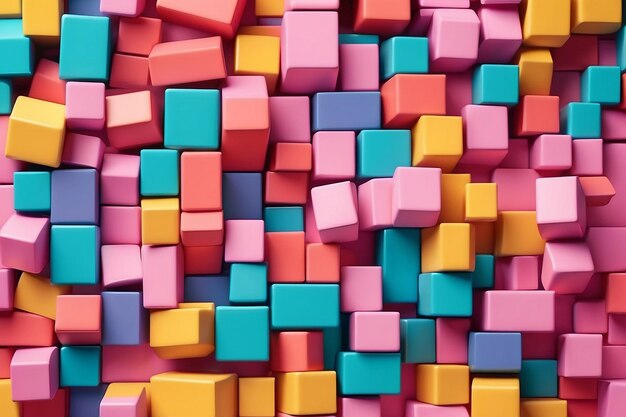 3d pattern of colorful toy blocks flat laid against pink background