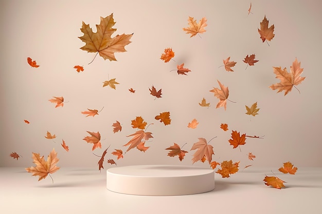 3d pedestal stand background for object showcase with golden leaves