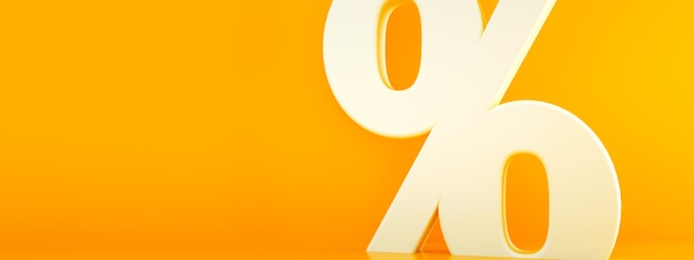 3d percentage symbol over orange background, panoramic image with space for text