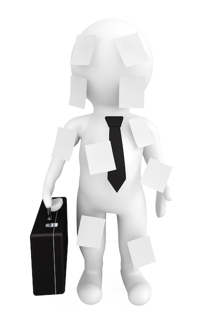 3d person businessman with memo papers on a white background