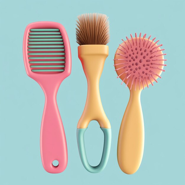 Photo 3d pet grooming brush set icon kit for brushing pets illustration logo