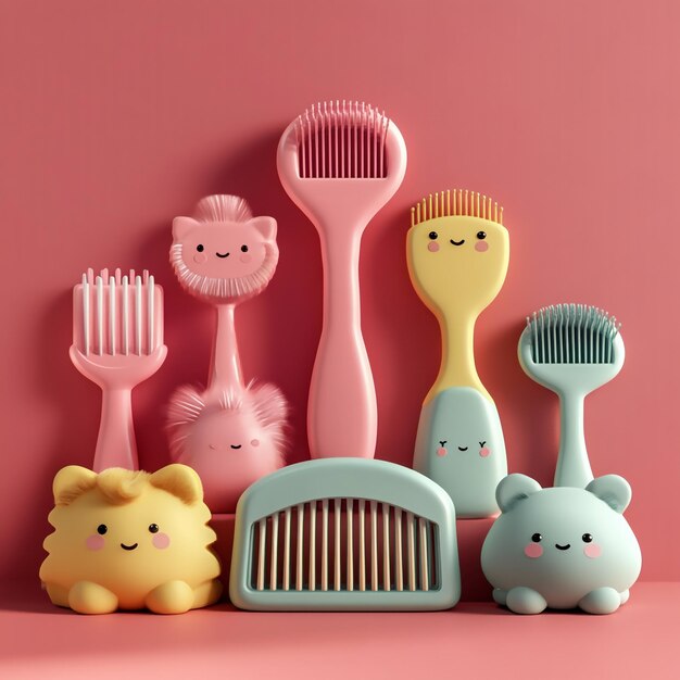 Photo 3d pet grooming brush set icon kit for brushing pets illustration logo