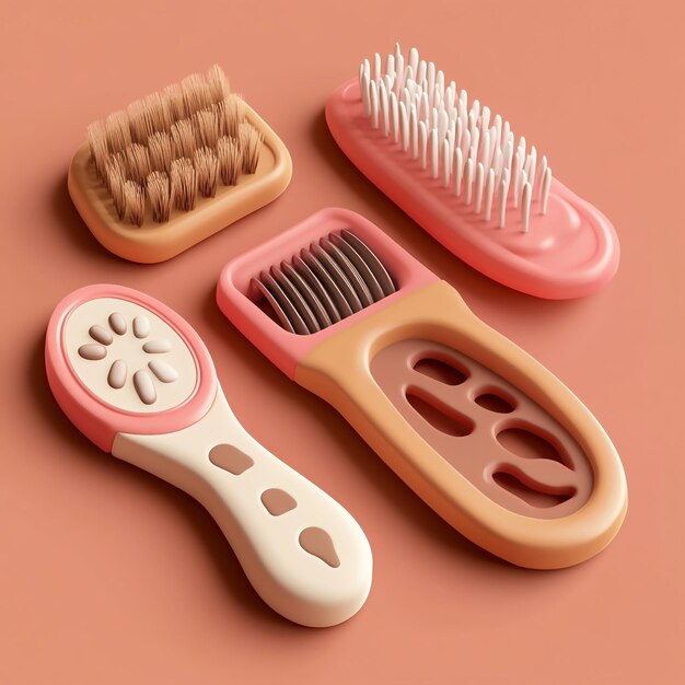 Photo 3d pet grooming brush set icon kit for brushing pets illustration logo