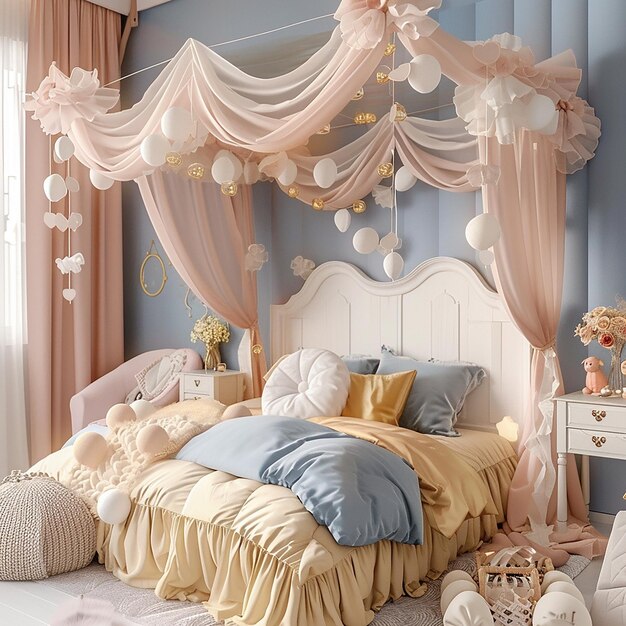 3d photo of a bedroom with a bed and a chandelier with pink and white pillows