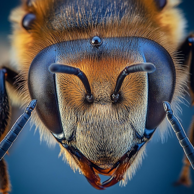 3d photo of a bee with a black face and yellow wings