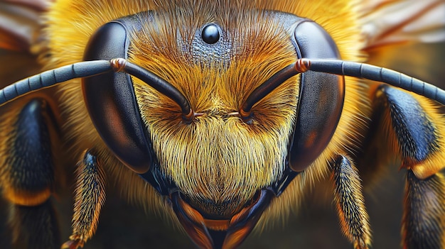 3d photo of a bee with a black face and yellow wings