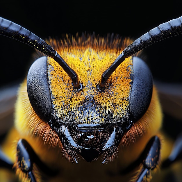 3d photo of a bee with a black face and yellow wings