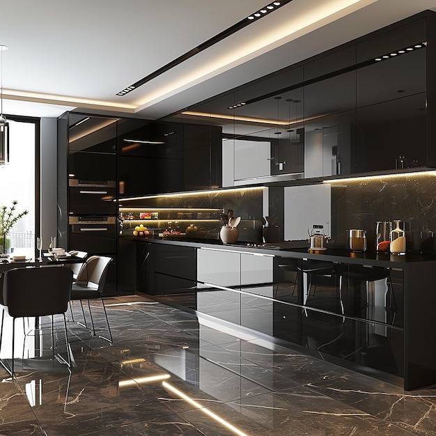 3d photo of a black kitchen with a black counter and chairs