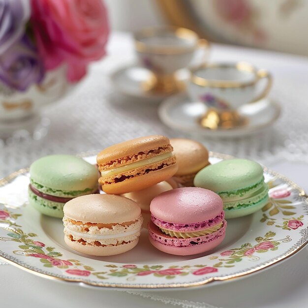 3d photo of a bowl of colorful cookies and cookies with a gold rim