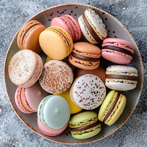 3d photo of a bowl of colorful cookies and cookies with a gold rim