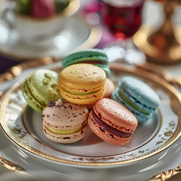 3d photo of a bowl of colorful cookies and cookies with a gold rim