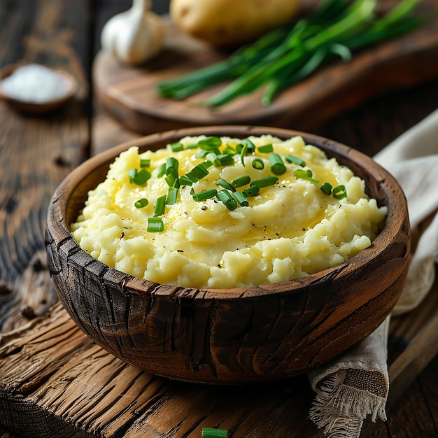 Photo 3d photo of a bowl of mashed potatoes with a green onion on the top