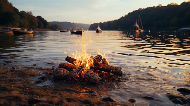 Photo 3d photo of a burning campfire on a dark night in a forest beautiful landscape of nature and trees c