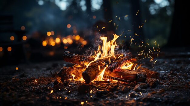 3d photo of a Burning campfire on a dark night in a forest Beautiful landscape of nature and trees C