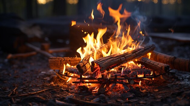 3d photo of a Burning campfire on a dark night in a forest Beautiful landscape of nature and trees C