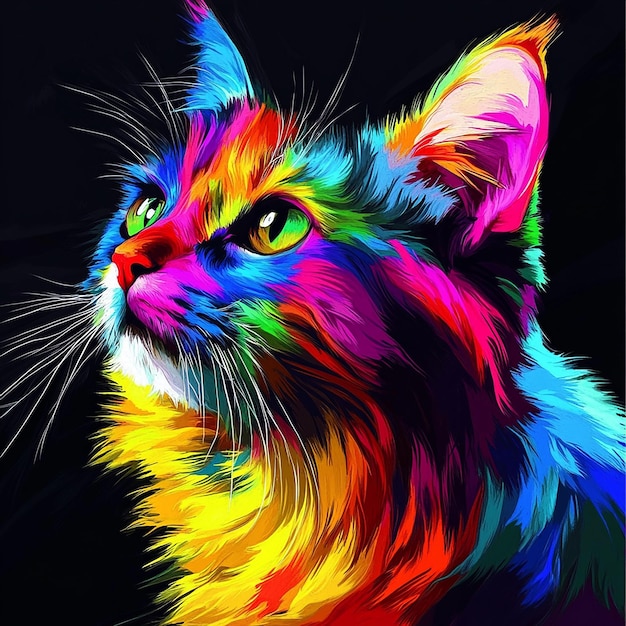 Photo 3d photo of a cat with a rainbow colored face and a multicolored cats face