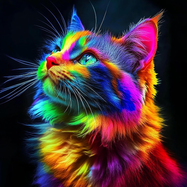 3d photo of a cat with a rainbow colored face and a multicolored cats face