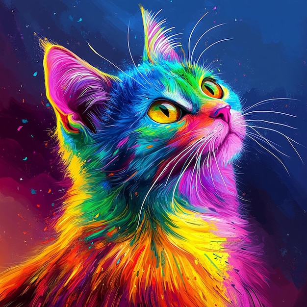 Photo 3d photo of a cat with a rainbow colored face and a multicolored cats face