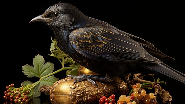 Photo 3d photo of a close up portrait of a raven with oriental ornament woodcarving elements background wa