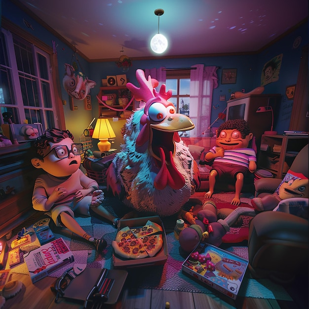 Photo 3d photo of comedic scene inside a cozy funny atmosphere twist of a chicken revelation among friends