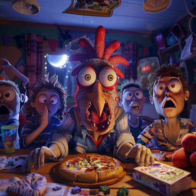 Photo 3d photo of comedic scene inside a cozy funny atmosphere twist of a chicken revelation among friends