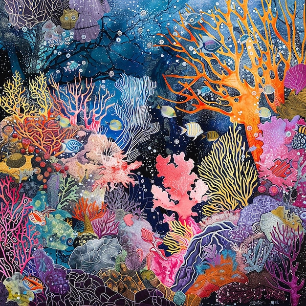 Photo 3d photo of a coral reef with many different colored tropical fish and corals