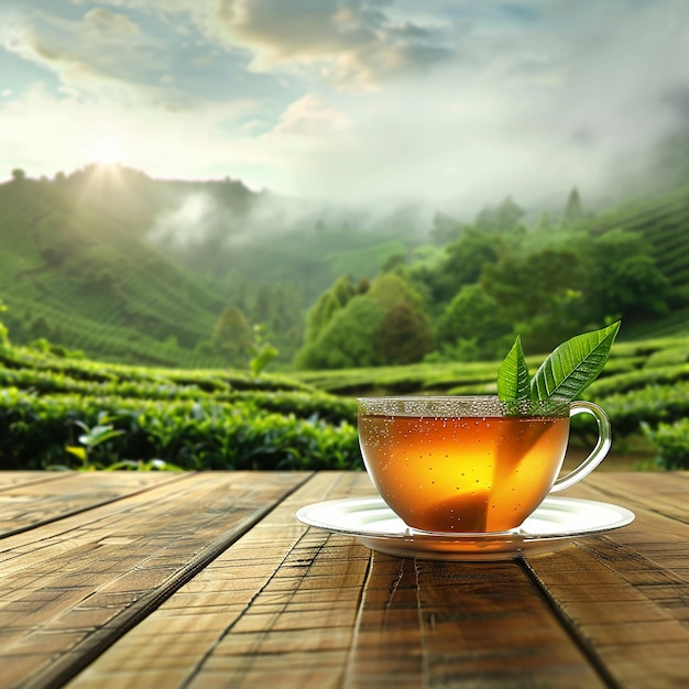 3d photo of a cup of tea on a wooden table with tea leaves