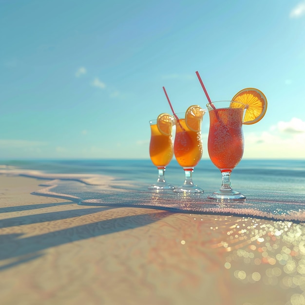 Photo 3d photo of different colored cocktails with a palm tree in the background