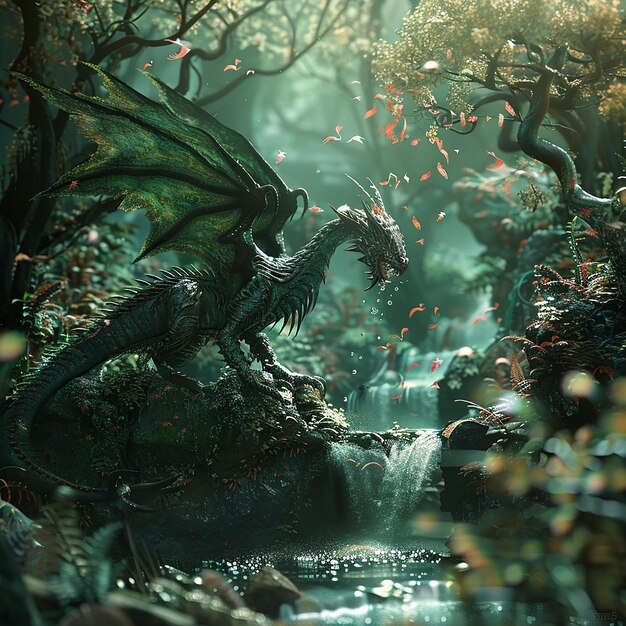 Photo 3d photo of a dragon with a dragon head in a jungle with plants and flowers