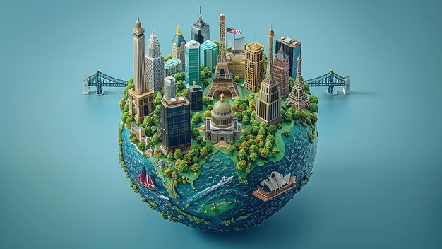 Photo 3d photo of earth globe with famous landmarks on it cartoonish mode pixar style animation