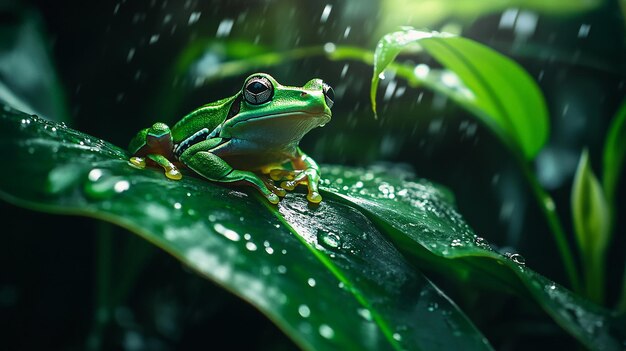 Photo 3d photo of a green frog sits on a leaf with the word blue eyes on it