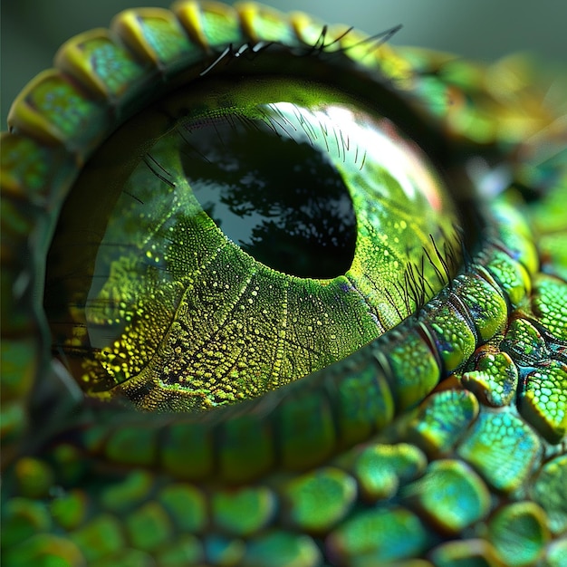 3d photo of a green and yellow bug with a large eye