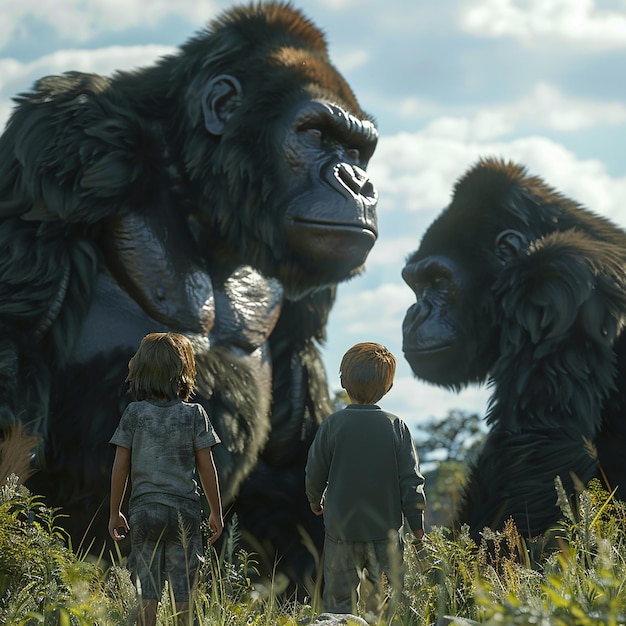 3d photo of a group of gorillas are in the forest with a child