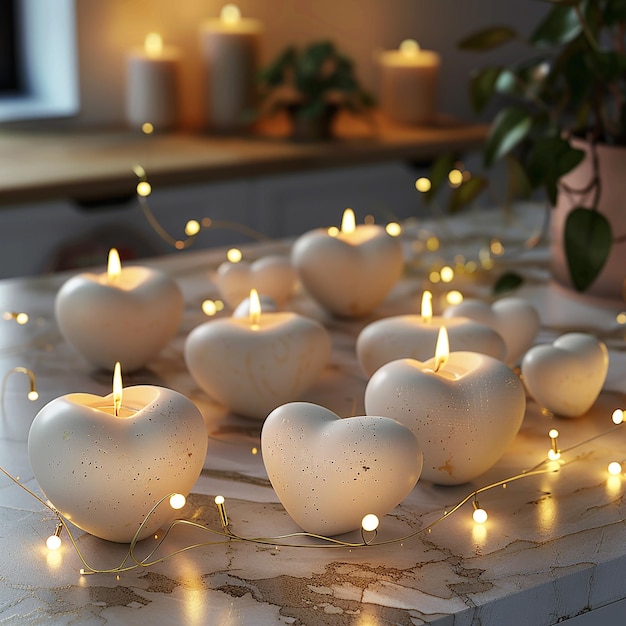 Photo 3d photo of a heart shaped candle is surrounded by candles and hearts