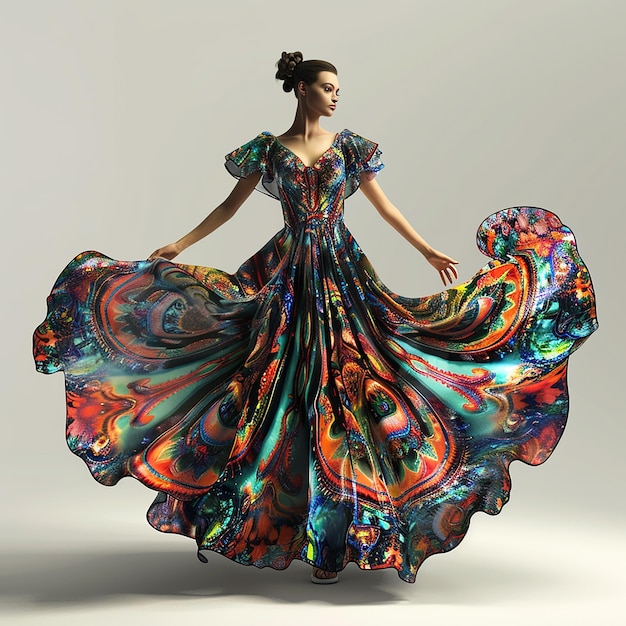 3d photo of a mannequin wearing a dress with a floral pattern is shown